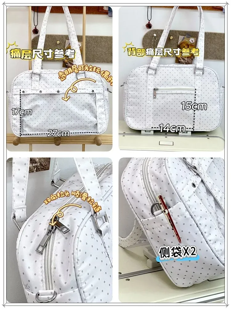 Tas Selempang Wanita Bahan Nylon Motif Polkadot Warna Putih Bentuk Kotak Tali Grosir Import