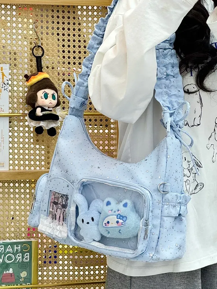 Tas Selempang Wanita Bahan Nylon Motif Print Warna Hitam Bentuk Kotak Tali Lebar Grosir Import