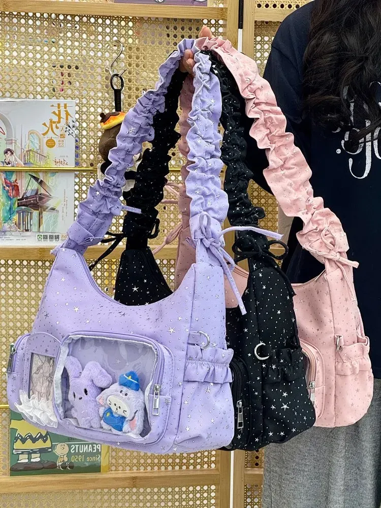 Tas Selempang Wanita Bahan Nylon Motif Print Warna Hitam Bentuk Kotak Tali Lebar Grosir Import