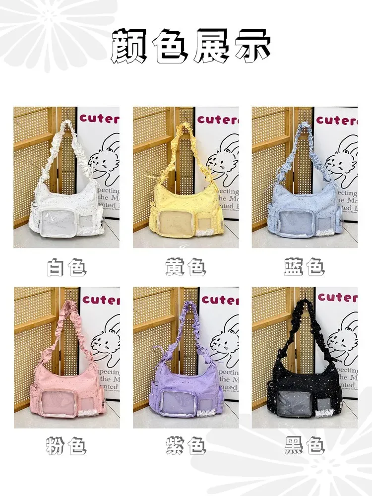 Tas Selempang Wanita Bahan Nylon Motif Print Warna Hitam Bentuk Kotak Tali Lebar Grosir Import