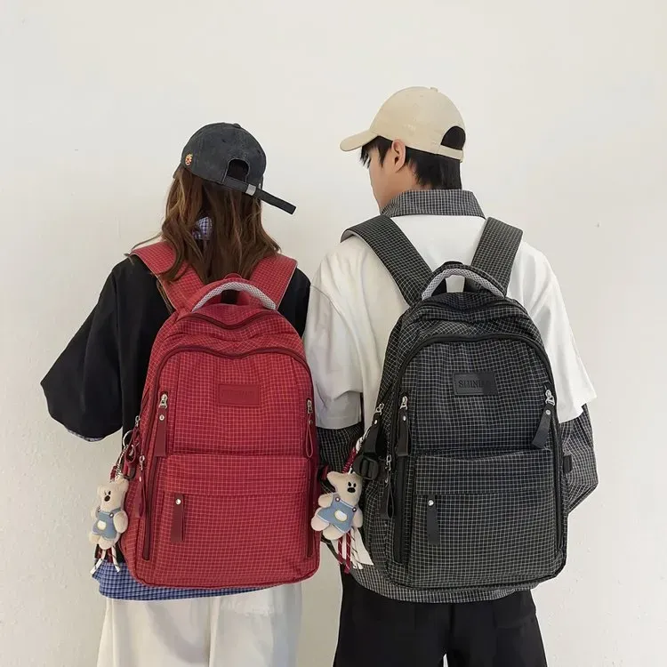 Tas Ransel Wanita Bahan Oxford Motif Plaid Warna Merah Bentuk Kotak Tali Lebar Grosir Import