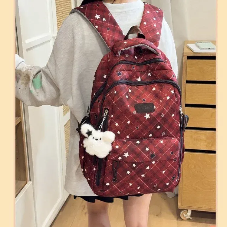 Tas Ransel Wanita Bahan Oxford Motif Plaid Warna Merah Bentuk Kotak Tali Lebar Grosir Import