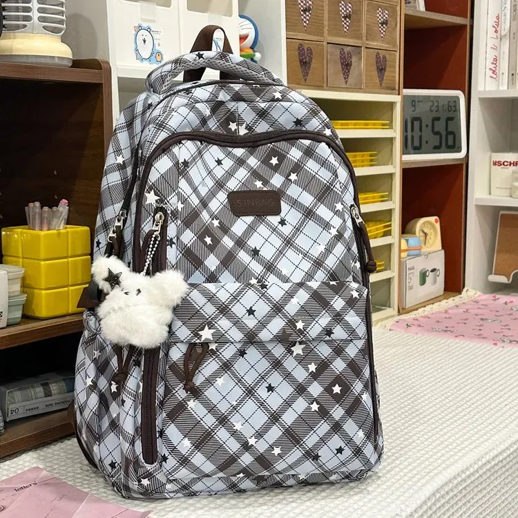 Tas Ransel Wanita Bahan Oxford Motif Plaid Warna Merah Bentuk Kotak Tali Lebar Grosir Import