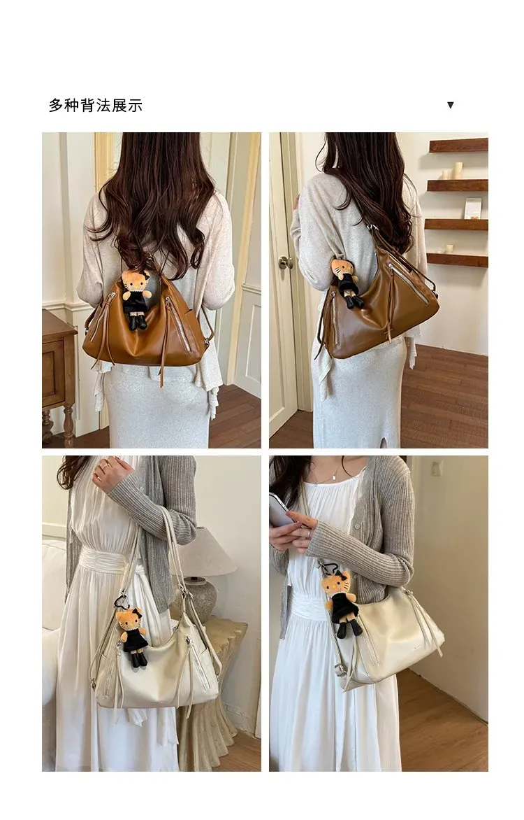 Tas Selempang Wanita Bahan PU Sintetis Polos Warna Hitam Model Hobo Tali Panjang Stok China