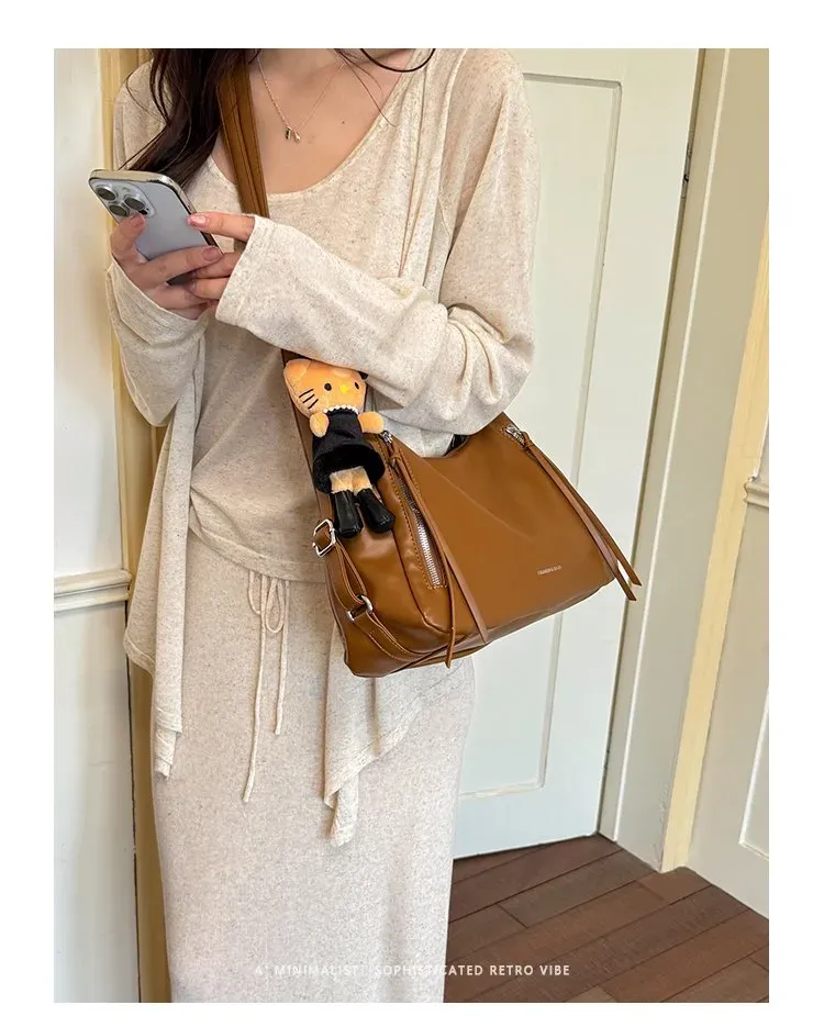 Tas Selempang Wanita Bahan PU Sintetis Polos Warna Hitam Model Hobo Tali Panjang Stok China