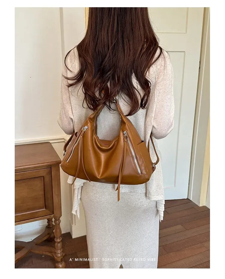 Tas Selempang Wanita Bahan PU Sintetis Polos Warna Hitam Model Hobo Tali Panjang Stok China