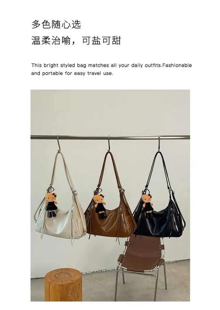 Tas Selempang Wanita Bahan PU Sintetis Polos Warna Hitam Model Hobo Tali Panjang Stok China