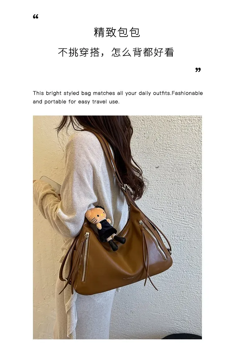 Tas Selempang Wanita Bahan PU Sintetis Polos Warna Hitam Model Hobo Tali Panjang Stok China