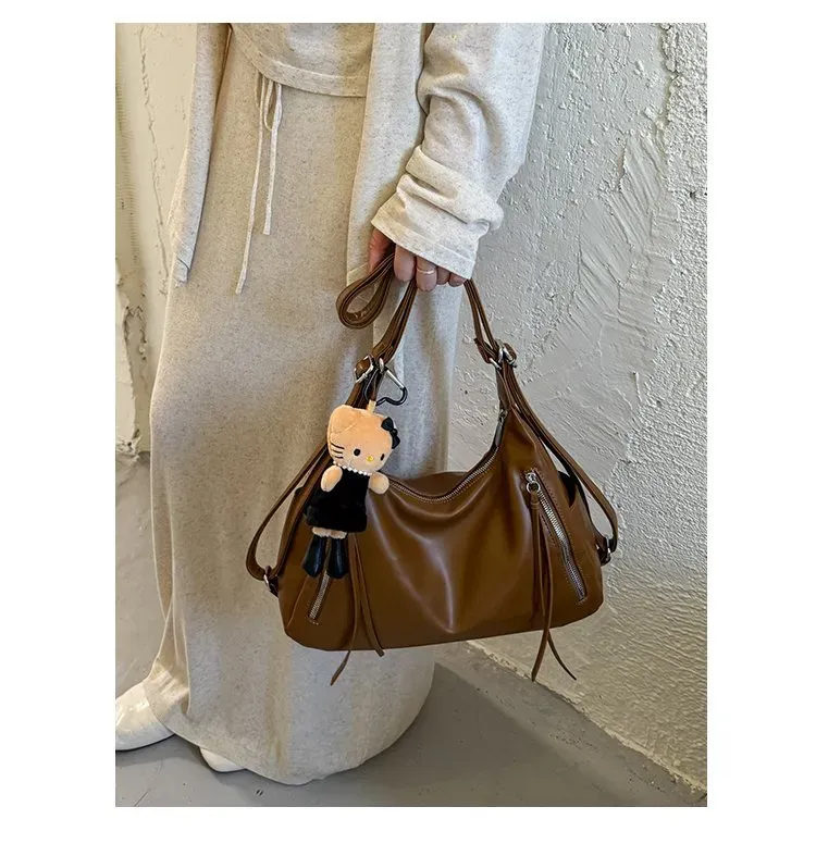 Tas Selempang Wanita Bahan PU Sintetis Polos Warna Hitam Model Hobo Tali Panjang Stok China
