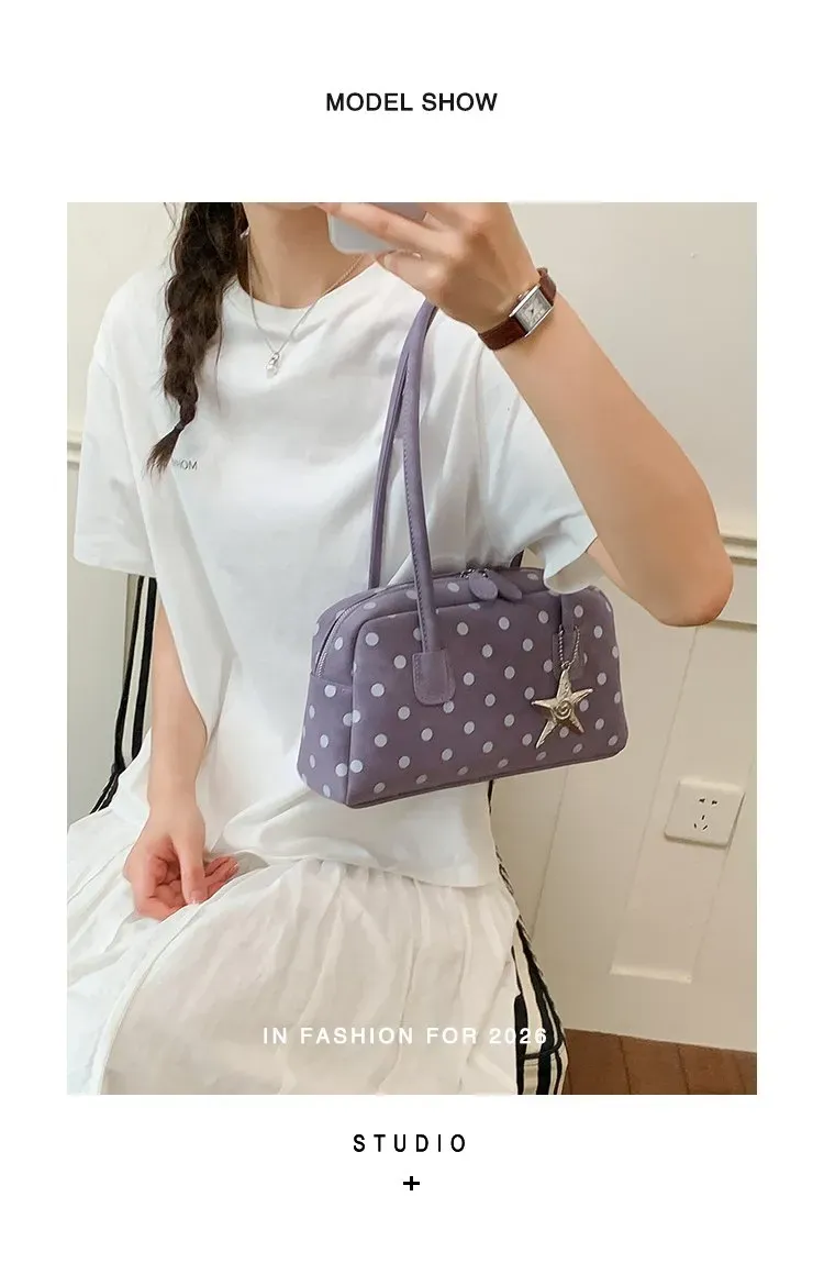 Tas Selempang Wanita Bahan PU Sintetis Motif Polkadot Warna Hitam Bentuk Kotak Resleting