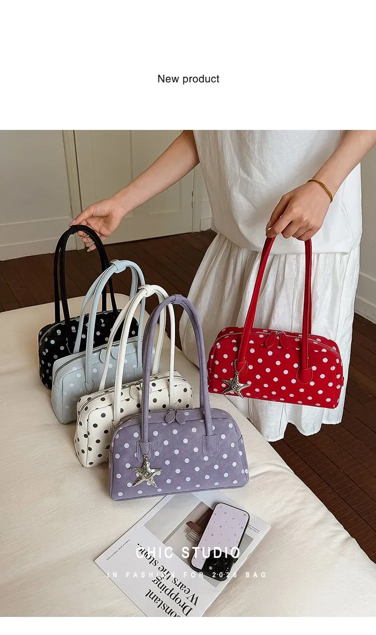 Tas Selempang Wanita Bahan PU Sintetis Motif Polkadot Warna Hitam Bentuk Kotak Resleting