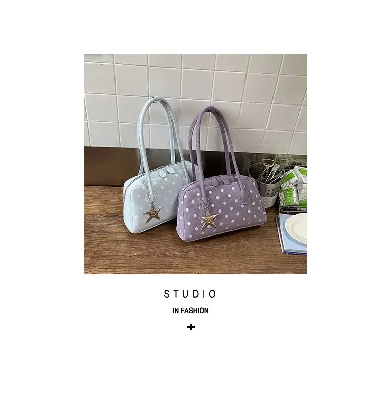 Tas Selempang Wanita Bahan PU Sintetis Motif Polkadot Warna Hitam Bentuk Kotak Resleting