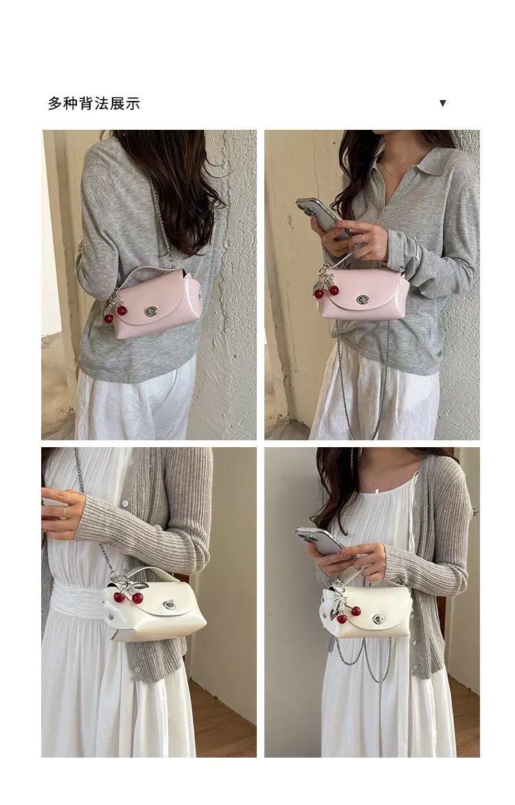 Tas Selempang Wanita Bahan PU Sintetis Polos Warna Pink Bentuk Kotak Tali Rantai Warna Hitam