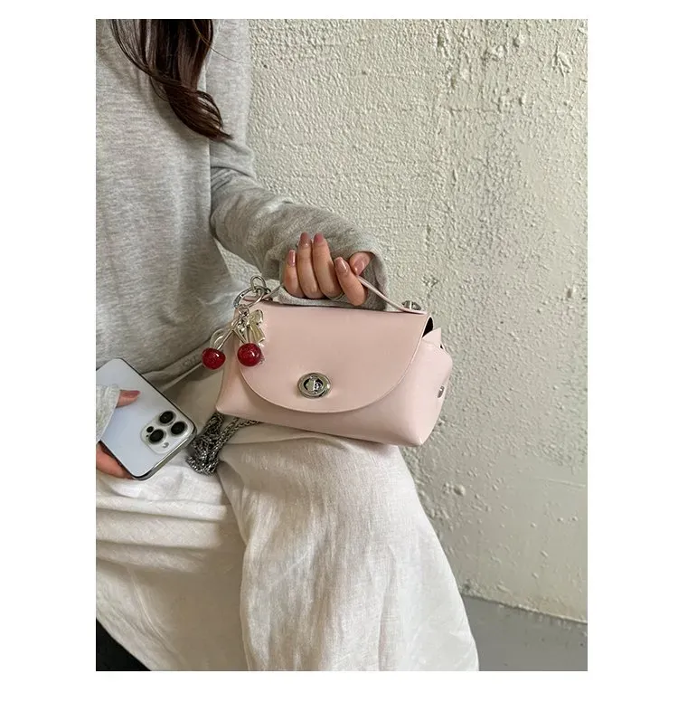 Tas Selempang Wanita Bahan PU Sintetis Polos Warna Pink Bentuk Kotak Tali Rantai Warna Hitam