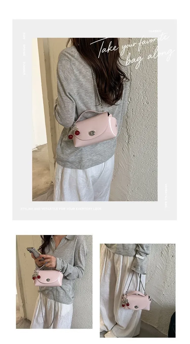 Tas Selempang Wanita Bahan PU Sintetis Polos Warna Pink Bentuk Kotak Tali Rantai Warna Hitam