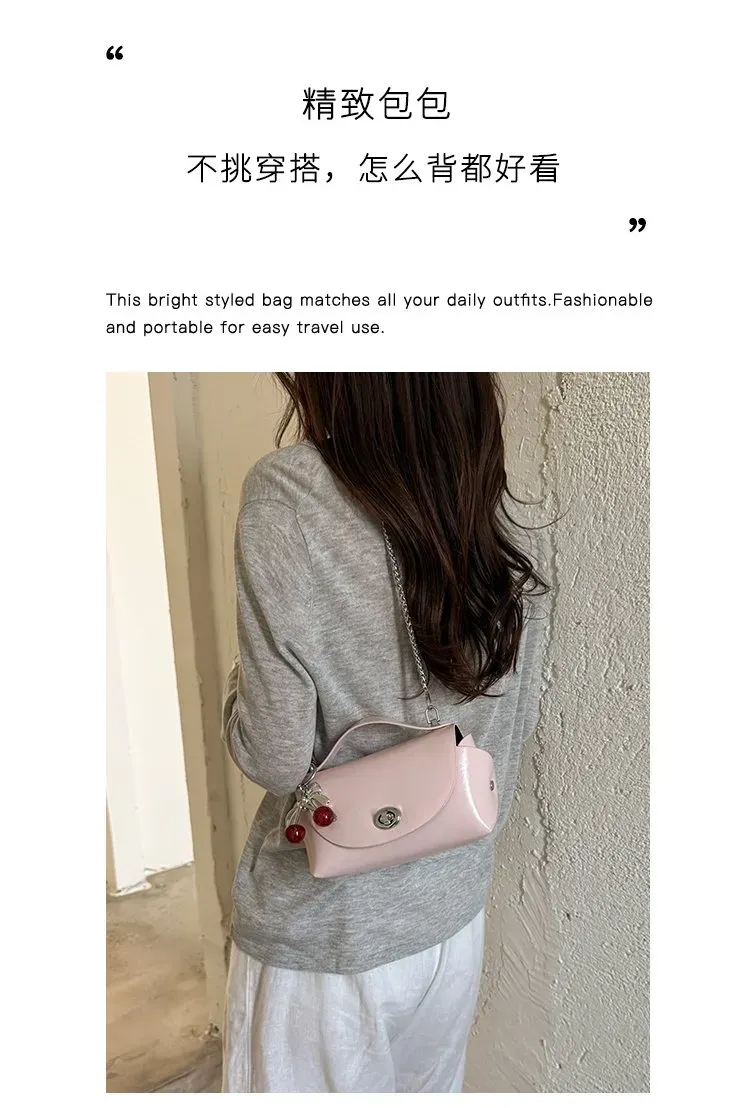 Tas Selempang Wanita Bahan PU Sintetis Polos Warna Pink Bentuk Kotak Tali Rantai Warna Hitam