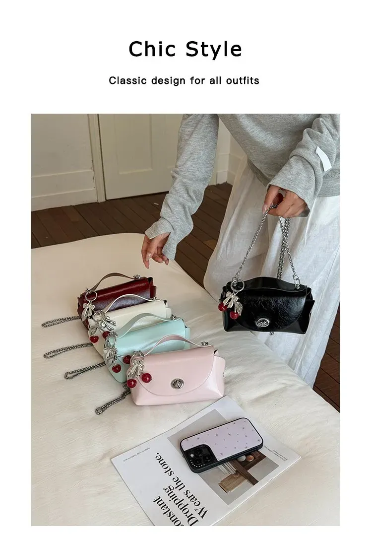 Tas Selempang Wanita Bahan PU Sintetis Polos Warna Pink Bentuk Kotak Tali Rantai Warna Hitam