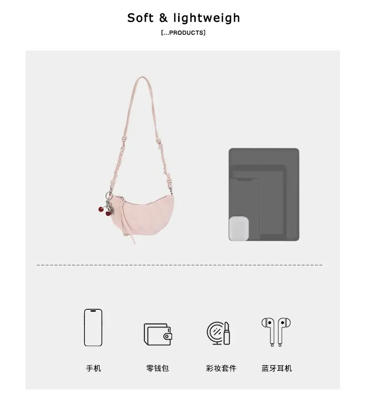 Tas Selempang Wanita Bahan PU Sintetis Polos Warna Pink Bentuk Crescent Tali Resleting Grosir