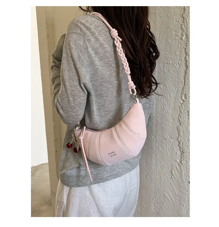 Tas Selempang Wanita Bahan PU Sintetis Polos Warna Pink Bentuk Crescent Tali Resleting Grosir