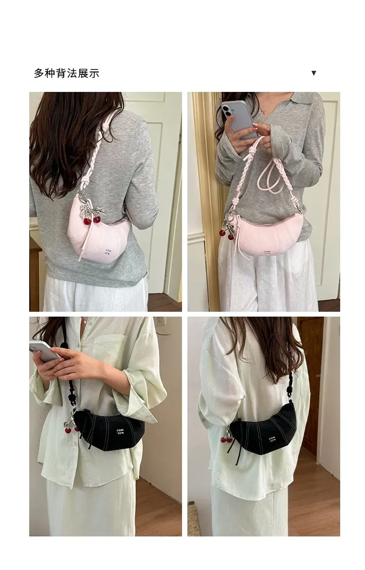 Tas Selempang Wanita Bahan PU Sintetis Polos Warna Pink Bentuk Crescent Tali Resleting Grosir