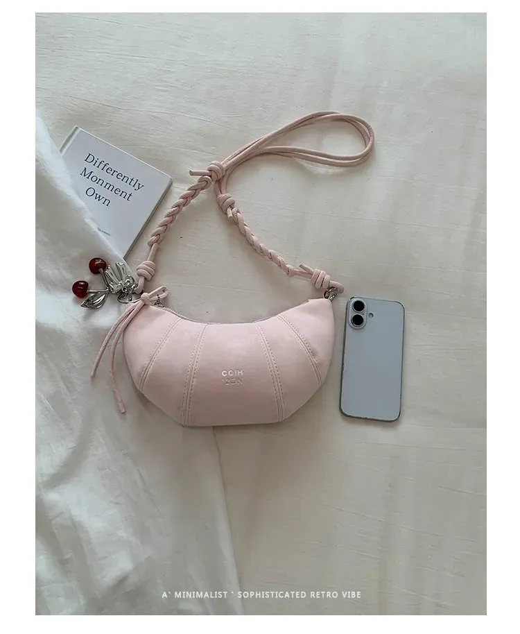 Tas Selempang Wanita Bahan PU Sintetis Polos Warna Pink Bentuk Crescent Tali Resleting Grosir