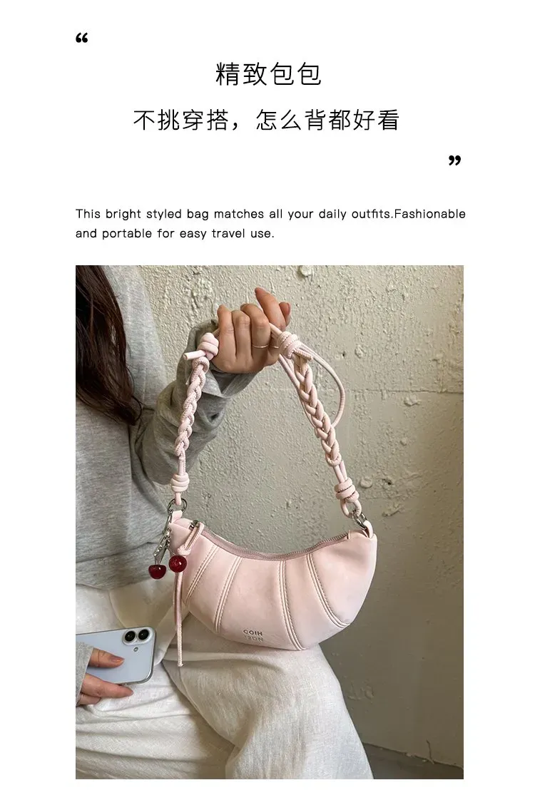 Tas Selempang Wanita Bahan PU Sintetis Polos Warna Pink Bentuk Crescent Tali Resleting Grosir
