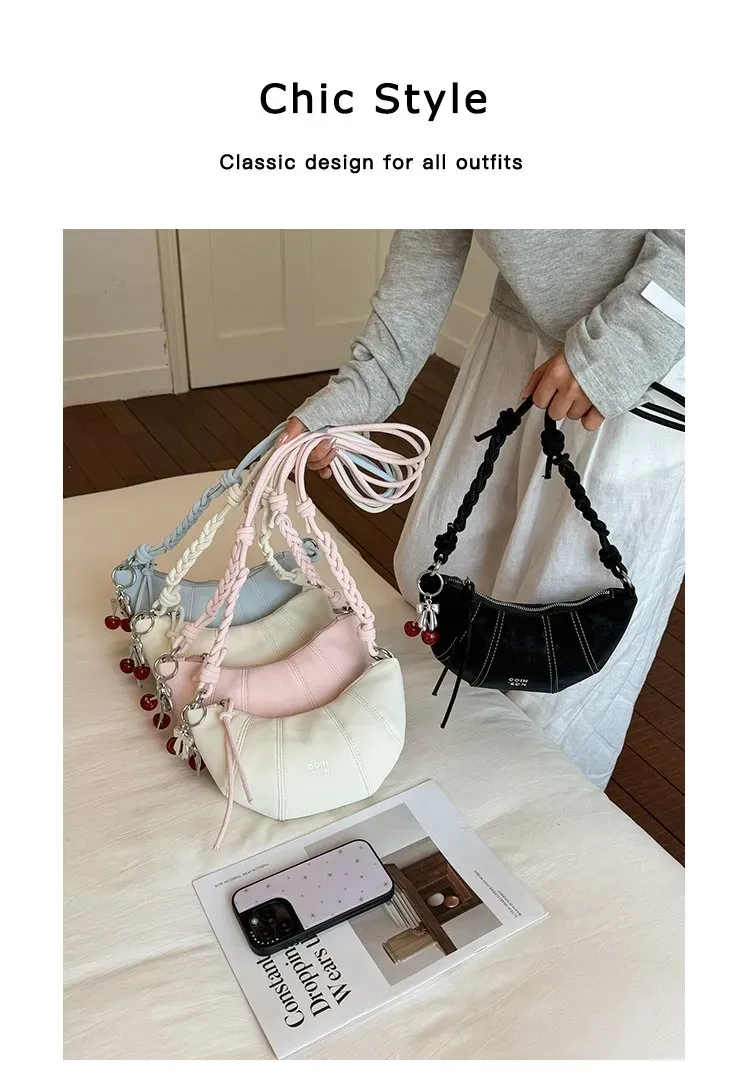 Tas Selempang Wanita Bahan PU Sintetis Polos Warna Pink Bentuk Crescent Tali Resleting Grosir