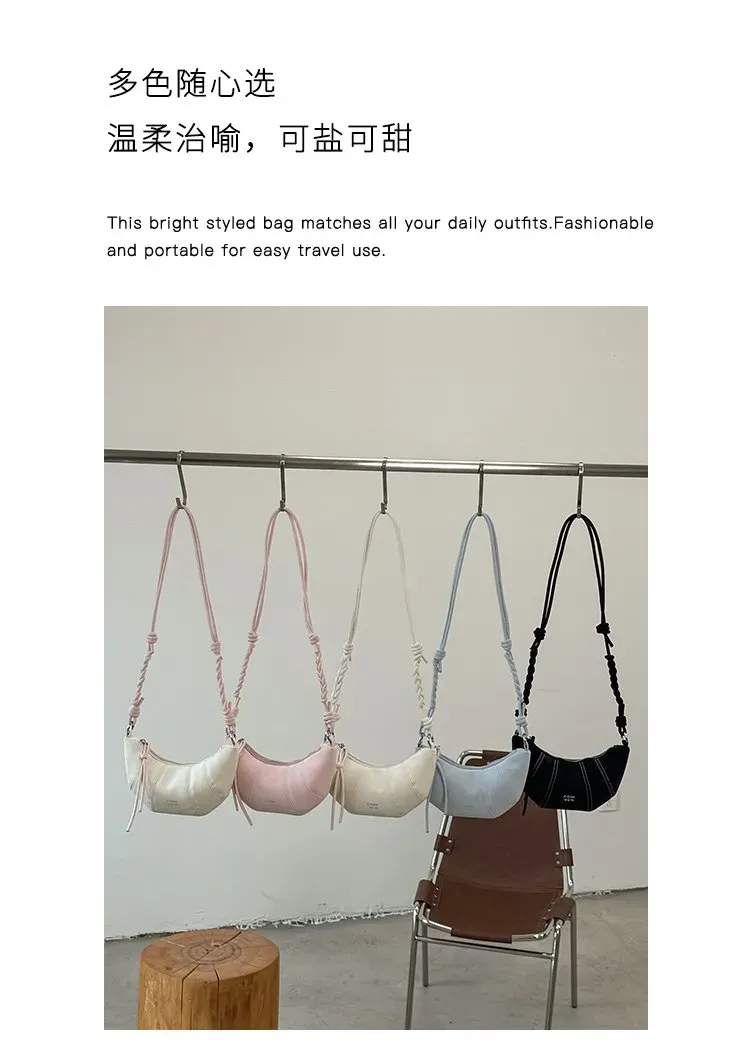 Tas Selempang Wanita Bahan PU Sintetis Polos Warna Pink Bentuk Crescent Tali Resleting Grosir