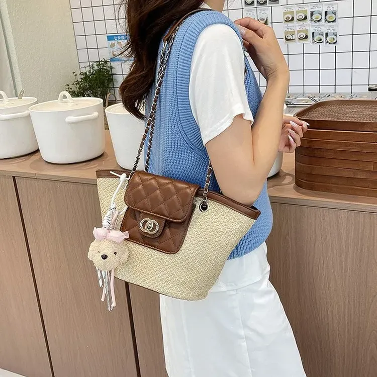 Tas Tote Wanita Bahan PU Sintetis Model Quilted Warna Pink Bentuk Kotak Tali Grosir Import