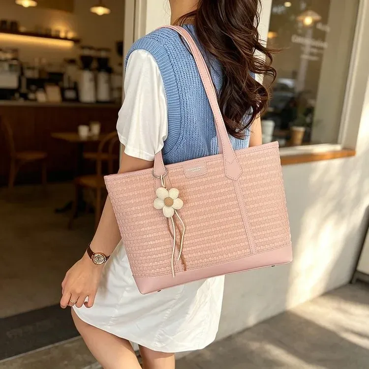 Tas Tote Wanita Bahan PU Sintetis Model Quilted Warna Pink Bentuk Kotak Tali Grosir Import