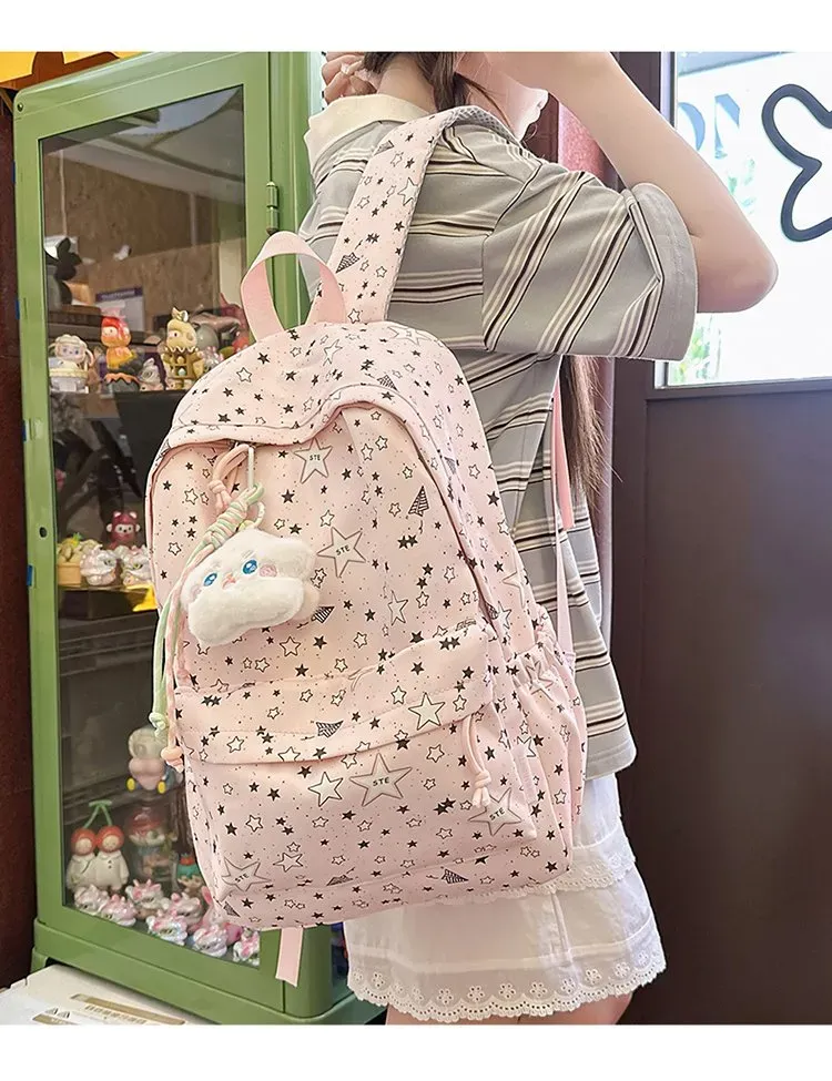 Tas Ransel Wanita Bahan Nylon Motif Print Warna Pink Bentuk Kotak Tali Panjang Grosir Import