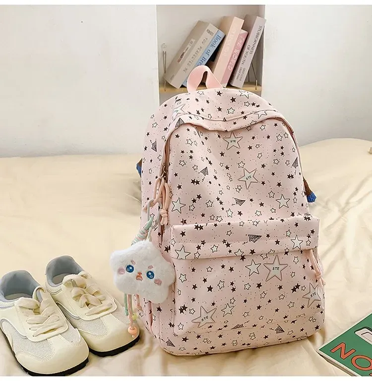 Tas Ransel Wanita Bahan Nylon Motif Print Warna Pink Bentuk Kotak Tali Panjang Grosir Import