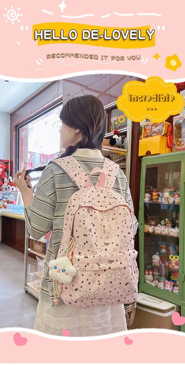 Tas Ransel Wanita Bahan Nylon Motif Print Warna Pink Bentuk Kotak Tali Panjang Grosir Import