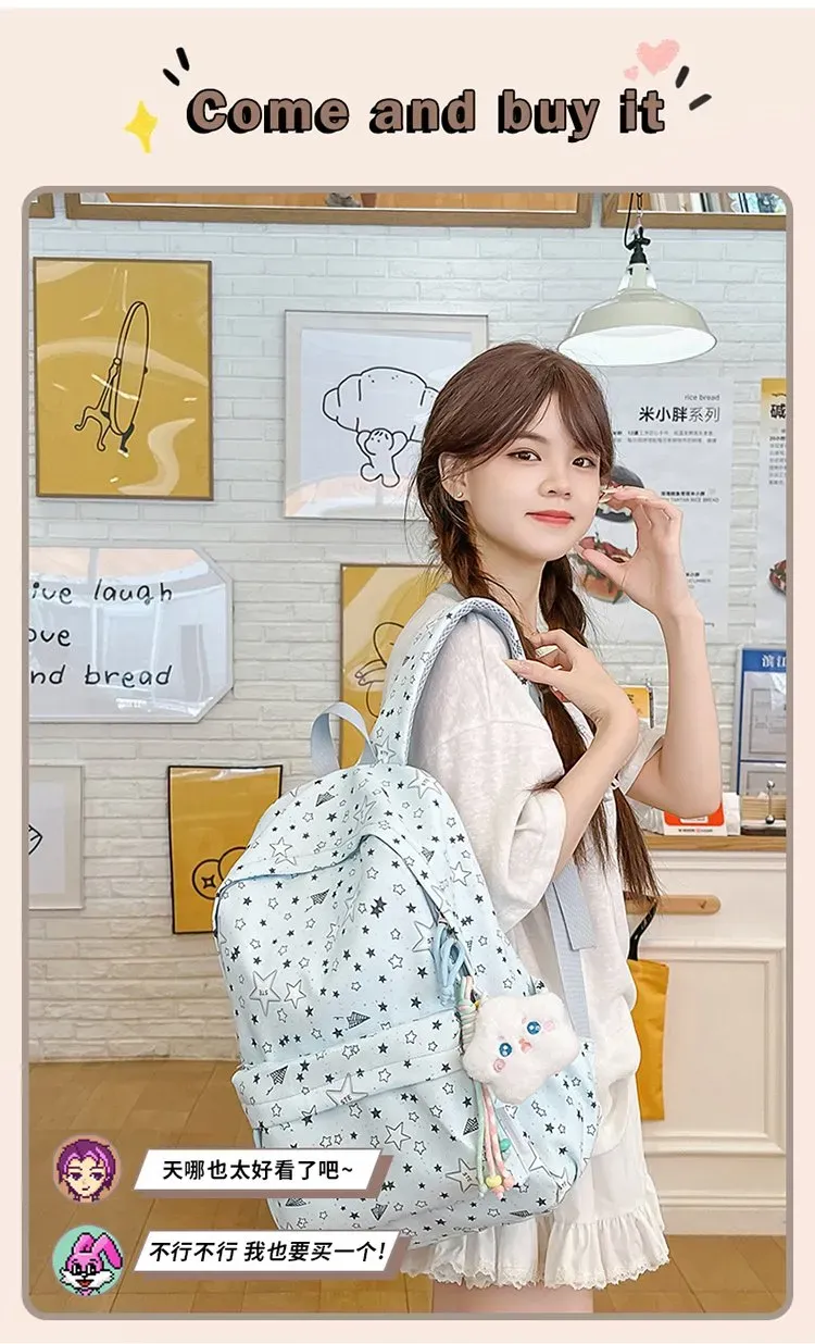 Tas Ransel Wanita Bahan Nylon Motif Print Warna Pink Bentuk Kotak Tali Panjang Grosir Import