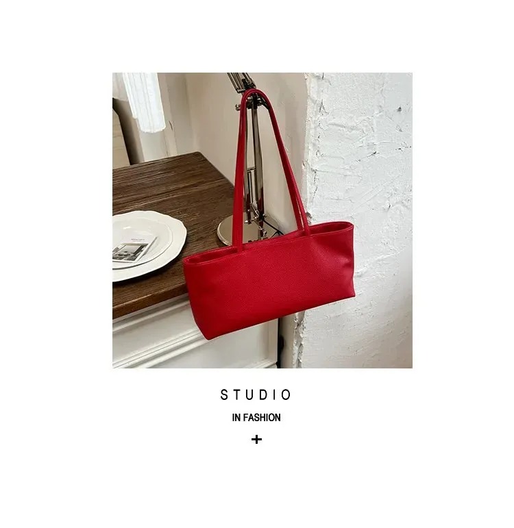 Tas Selempang Wanita Bahan PU Sintetis Polos Warna Merah Bentuk Kotak Tali Stok Grosir