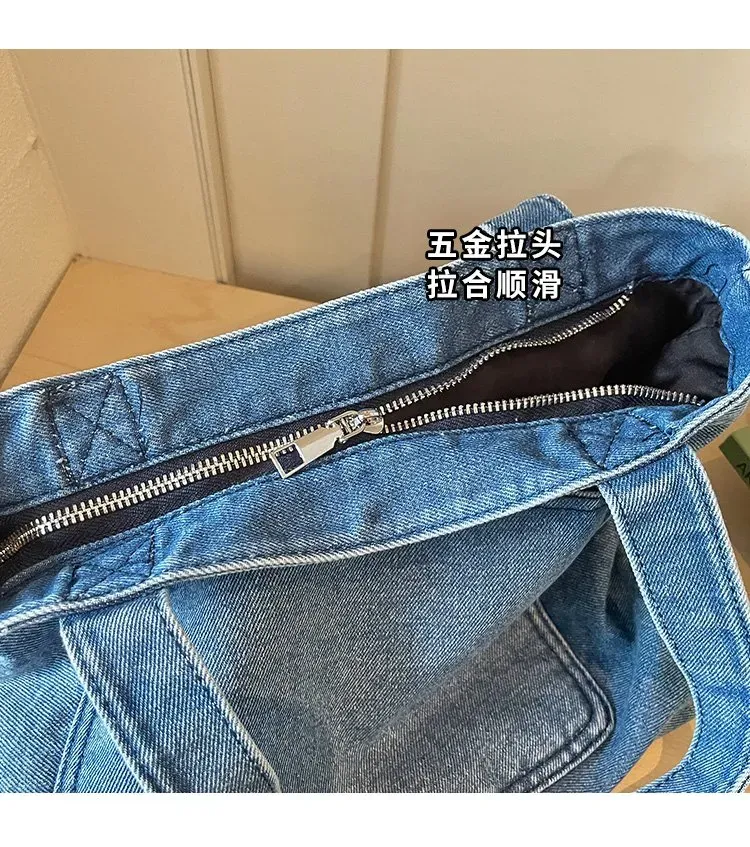 Tas Selempang Wanita Bahan Denim Polos Warna Biru Bentuk Kotak Tali Lebar Grosir Import