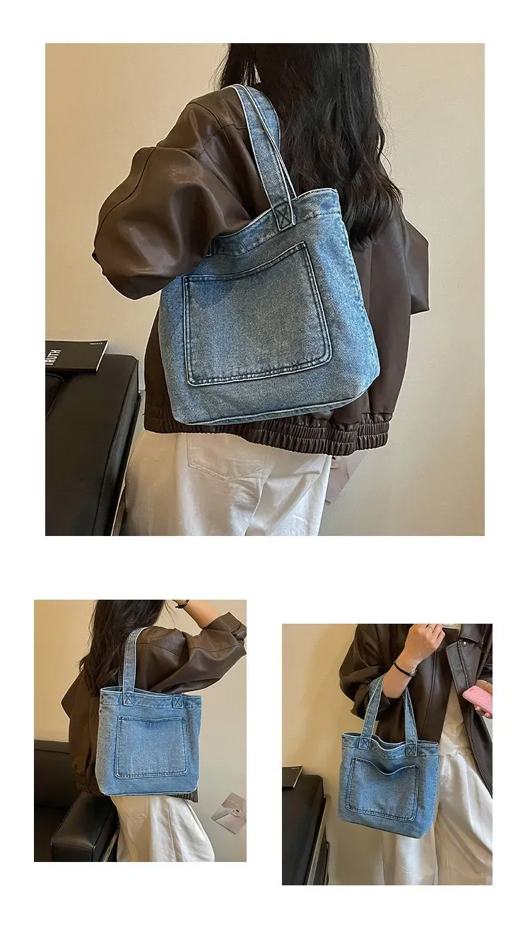 Tas Selempang Wanita Bahan Denim Polos Warna Biru Bentuk Kotak Tali Lebar Grosir Import