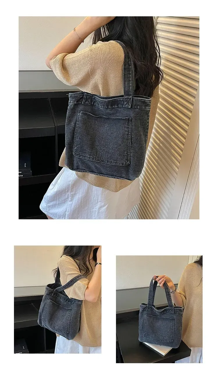 Tas Selempang Wanita Bahan Denim Polos Warna Biru Bentuk Kotak Tali Lebar Grosir Import