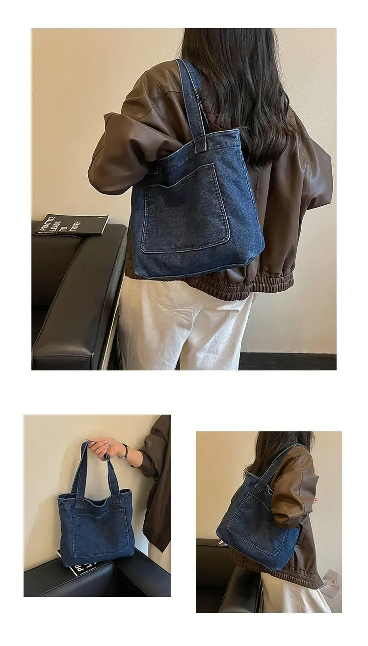 Tas Selempang Wanita Bahan Denim Polos Warna Biru Bentuk Kotak Tali Lebar Grosir Import
