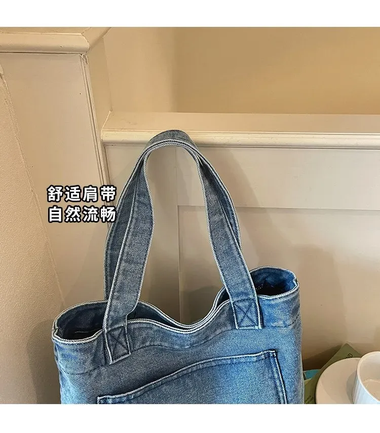 Tas Selempang Wanita Bahan Denim Polos Warna Biru Bentuk Kotak Tali Lebar Grosir Import