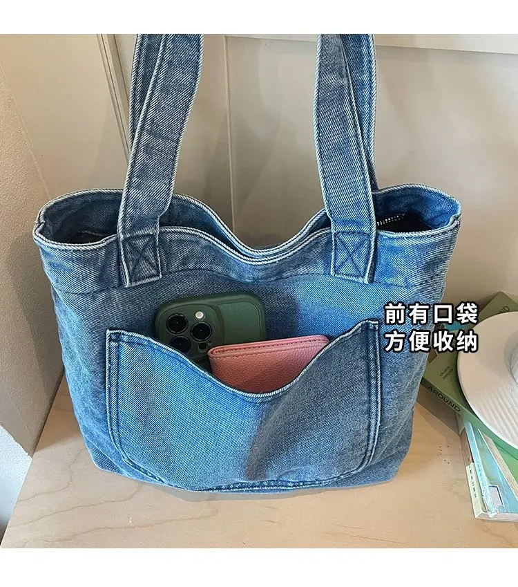 Tas Selempang Wanita Bahan Denim Polos Warna Biru Bentuk Kotak Tali Lebar Grosir Import