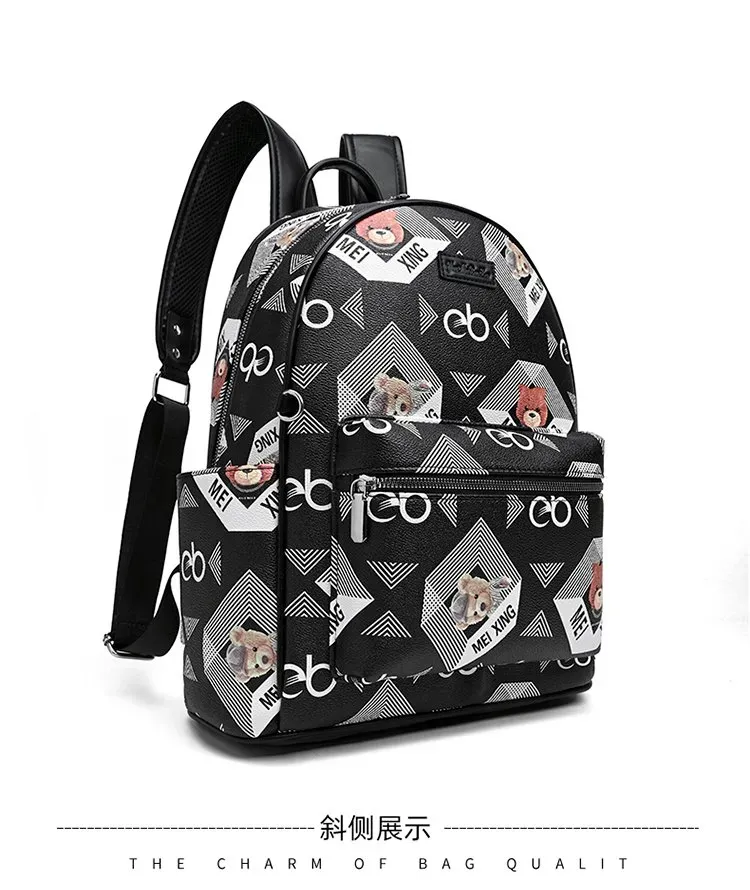 Tas Ransel Wanita Bahan PU Sintetis Motif Print Warna Hitam Bentuk Kotak Tali untuk Travel