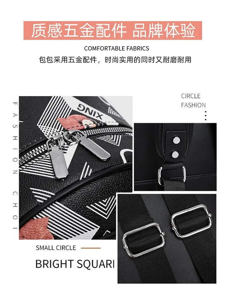 Tas Ransel Wanita Bahan PU Sintetis Motif Print Warna Hitam Bentuk Kotak Tali untuk Travel
