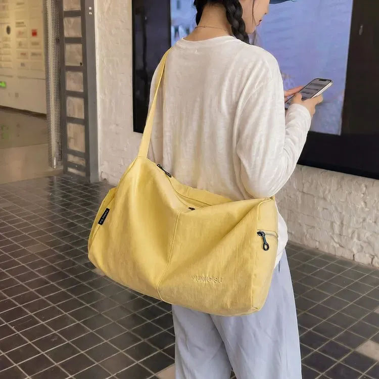 Tas Selempang Wanita Bahan Nylon Polos Warna Kuning Bentuk Kotak Tali Lebar Grosir Import