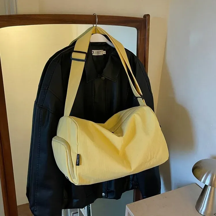 Tas Selempang Wanita Bahan Nylon Polos Warna Kuning Bentuk Kotak Tali Lebar Grosir Import