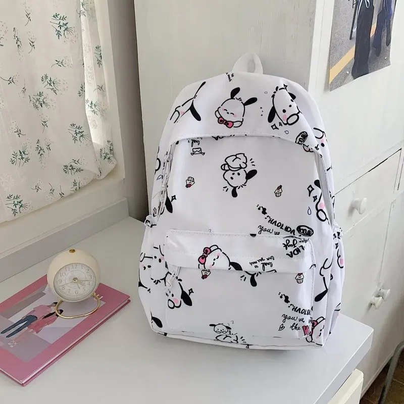 Tas Ransel Wanita Bahan Oxford Motif Print Warna Putih Bentuk Kotak Tali Panjang Resleting