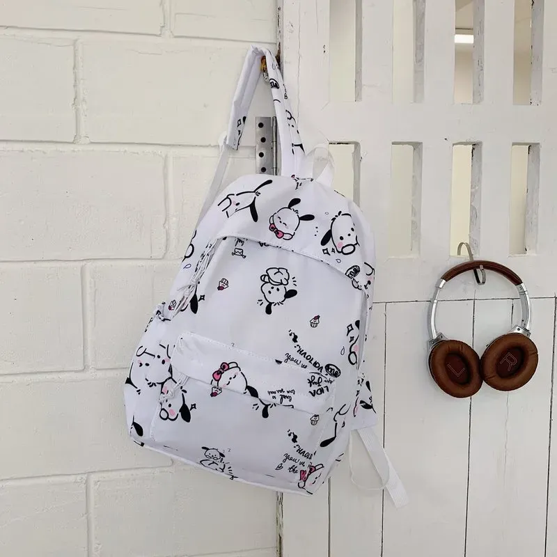 Tas Ransel Wanita Bahan Oxford Motif Print Warna Putih Bentuk Kotak Tali Panjang Resleting