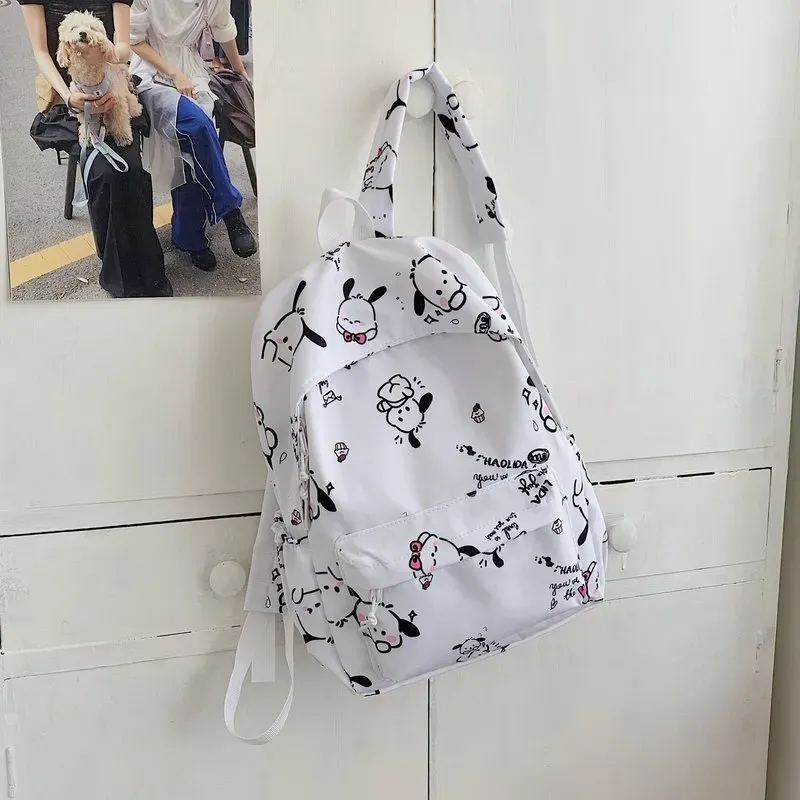 Tas Ransel Wanita Bahan Oxford Motif Print Warna Putih Bentuk Kotak Tali Panjang Resleting