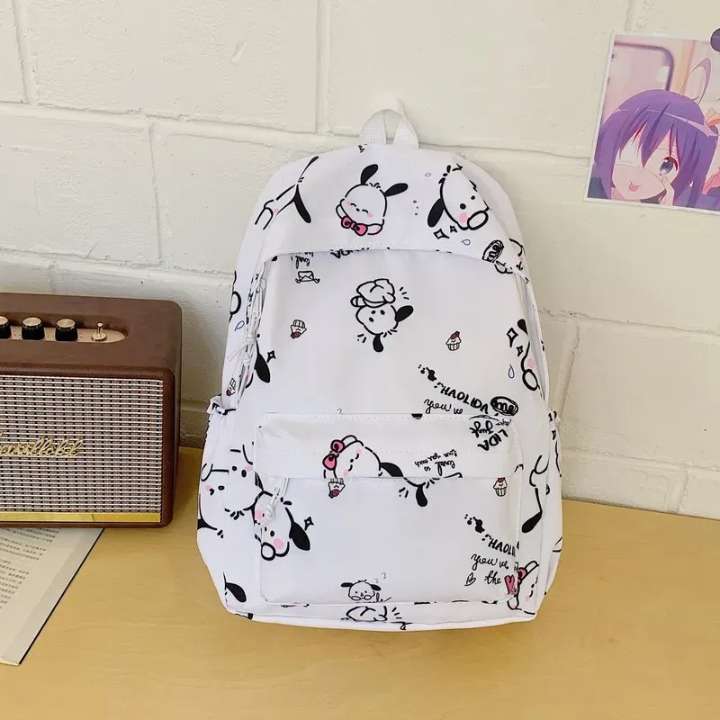 Tas Ransel Wanita Bahan Oxford Motif Print Warna Putih Bentuk Kotak Tali Panjang Resleting