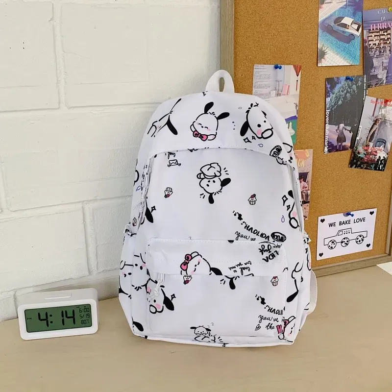 Tas Ransel Wanita Bahan Oxford Motif Print Warna Putih Bentuk Kotak Tali Panjang Resleting